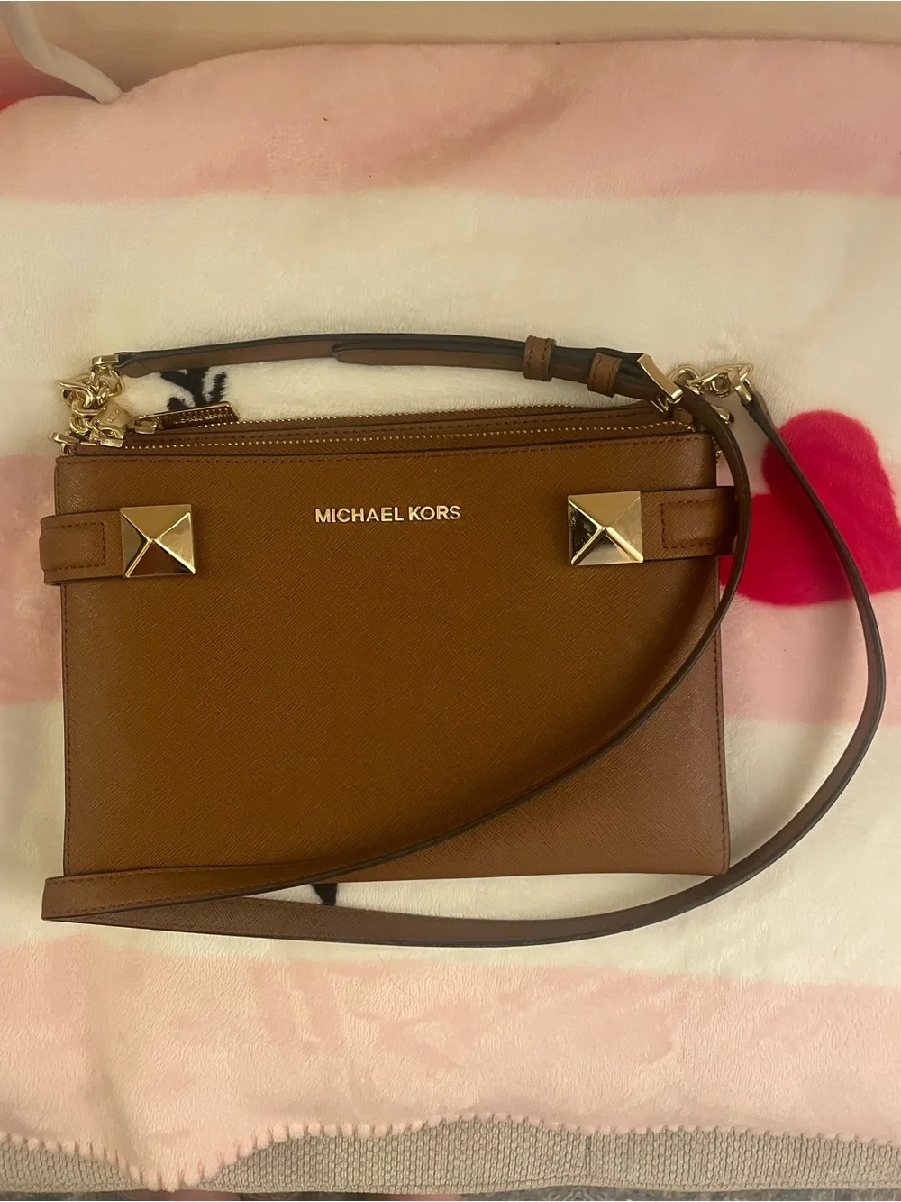 Michael Kors Tan Saffiano Leather Pyramid-Stud Crossbody Bag